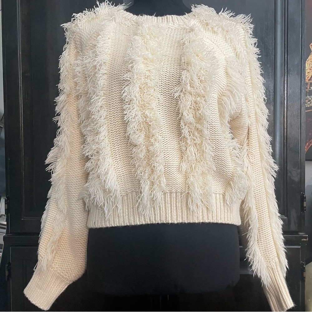 Elegant Cream Crop Sweater with fringe details Ribbed Sleeves and Hemline
